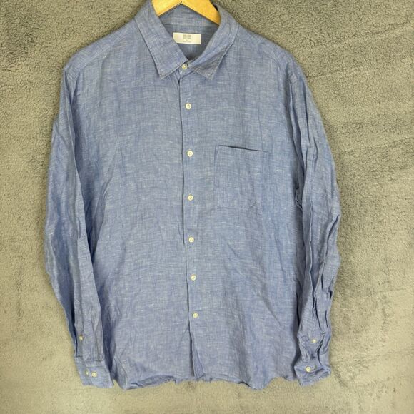 Uniqlo Shirt Mens XL Blue Linen Button Up Long Sleeve Casual City‎ Beach Travel - Picture 1 of 8